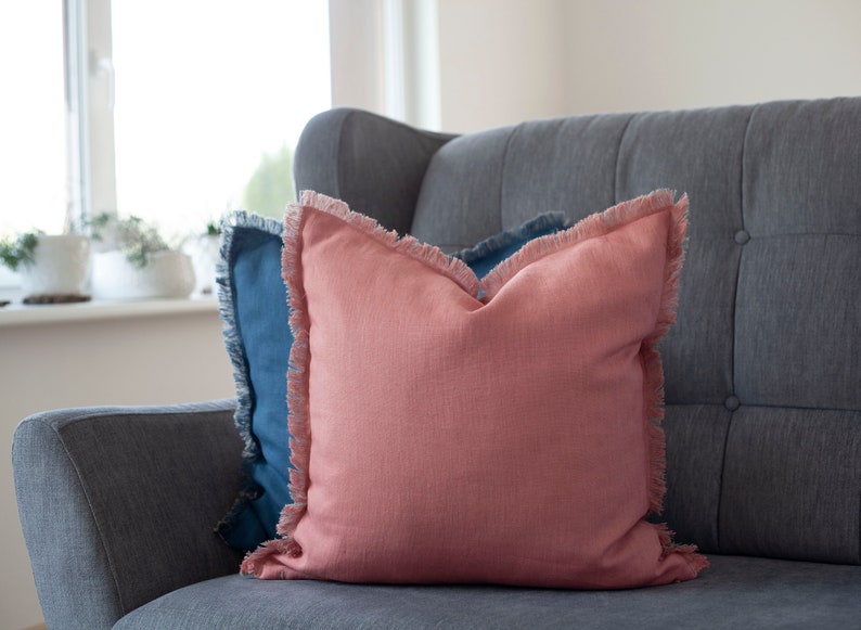 20x20 linen throw pillow cover, fringed linen throw pillow, two tone decorative pillow, pillow for bedding decor image 8