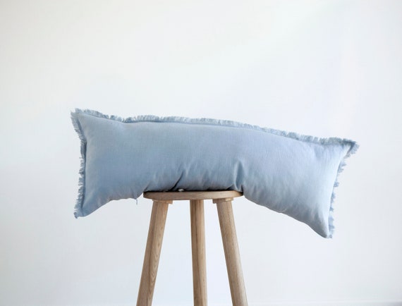 Blue Long Lumbar Pillow Cover With Fringe, Extra Long Lumbar