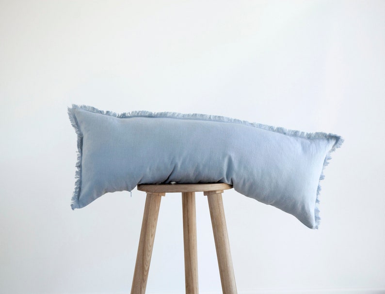 Long lumbar pillow, Blue lumbar pillow, lumbar throw pillow cover, BLUE linen lumbar pillow, fringe style pillow, COVER ONLY image 1