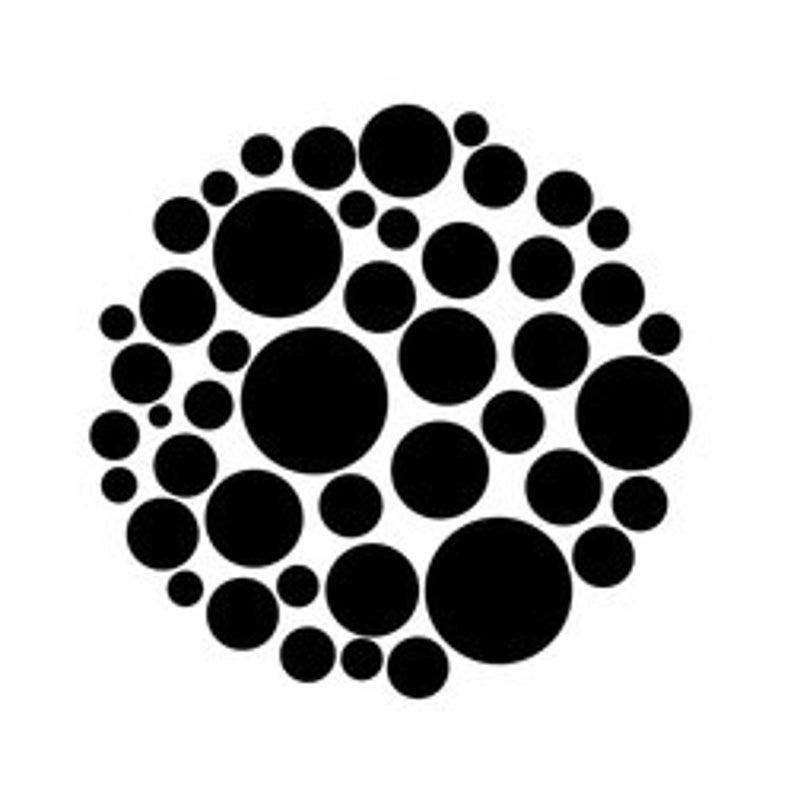 May include: Black and white abstract design with a circular pattern of various sized circles.