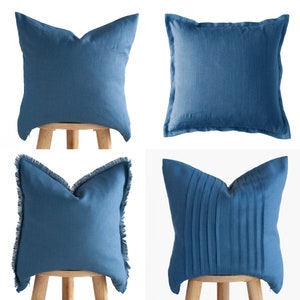 Blue Linen Pillow Cover with Hidden Zipper Decorative Square Pillowcase Handmade Ticking Lines Design image 2