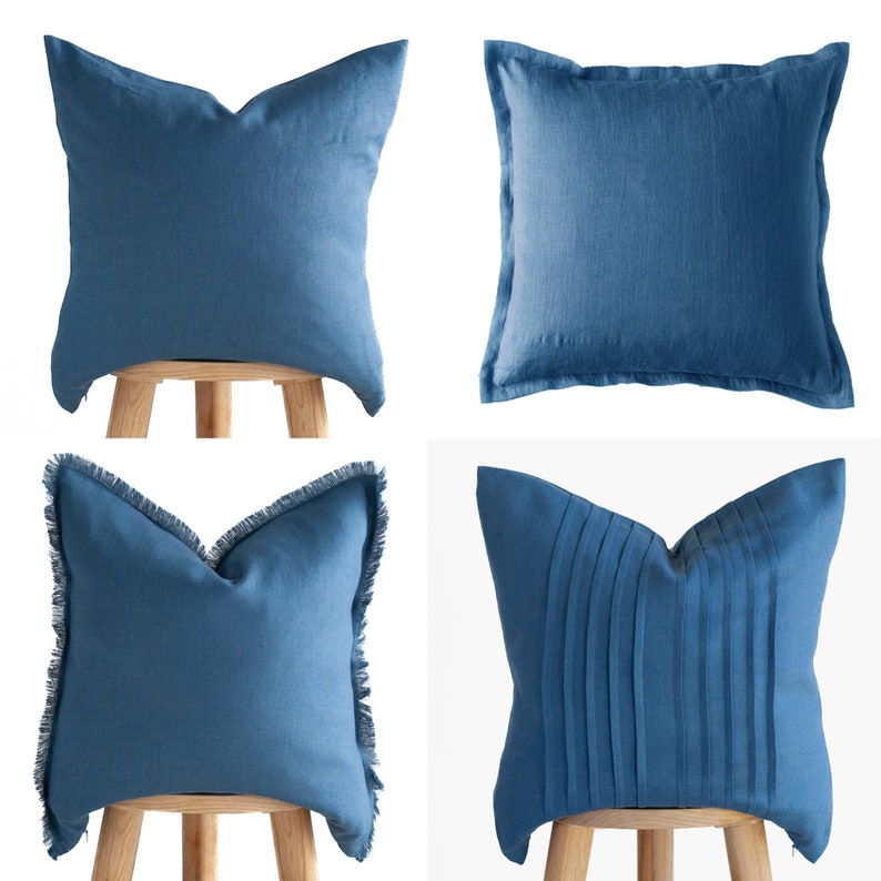 Blue Linen Pillow Cover with Hidden Zipper Decorative Square Pillowcase Handmade Ticking Lines Design image 2