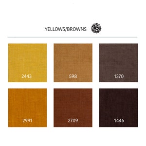 May include: Six fabric swatches in various shades of yellow and brown. The swatches are labeled with numbers: 2443, 598, 1370, 2991, 2709, and 1446.