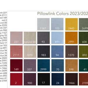 May include: A color chart with 36 fabric swatches, each labeled with a color name and a number. The colors include pink, red, beige, purple, gray, blue, yellow, brown, green, and rust.