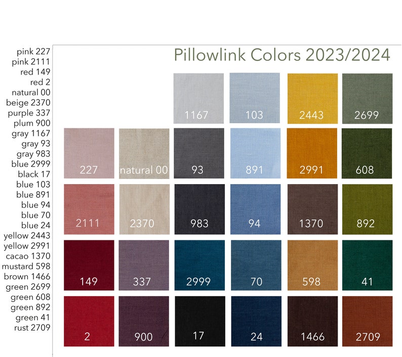 May include: A color chart with 36 fabric swatches, each labeled with a color name and a number. The colors include pink, red, beige, purple, gray, blue, yellow, brown, green, and rust.