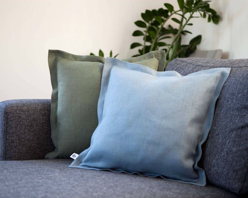 Dusty blue pillow pillow cover, natural linen pillowcase image 8