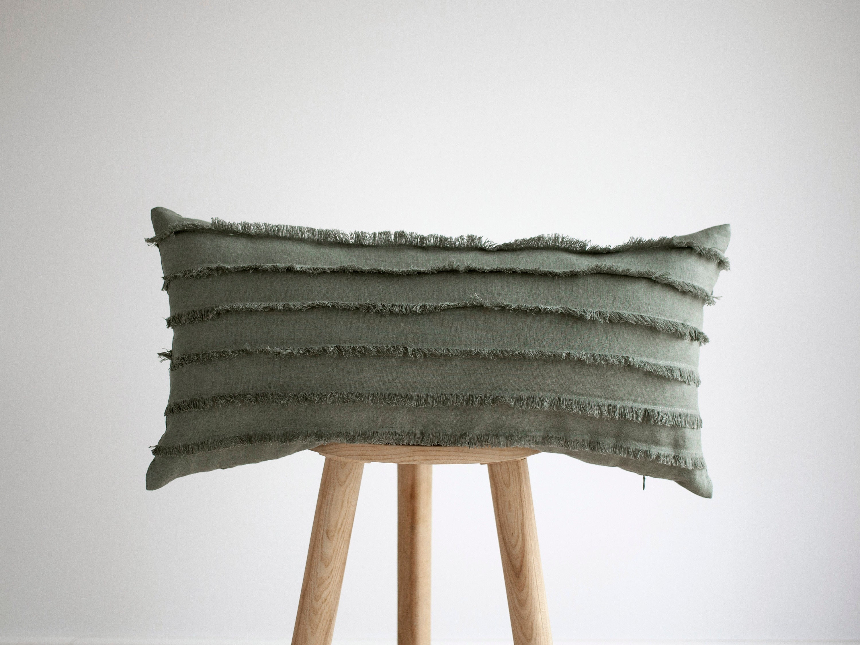 Handmade Sage Green Linen Lumbar Pillow Cover with Fringe, custom size and color