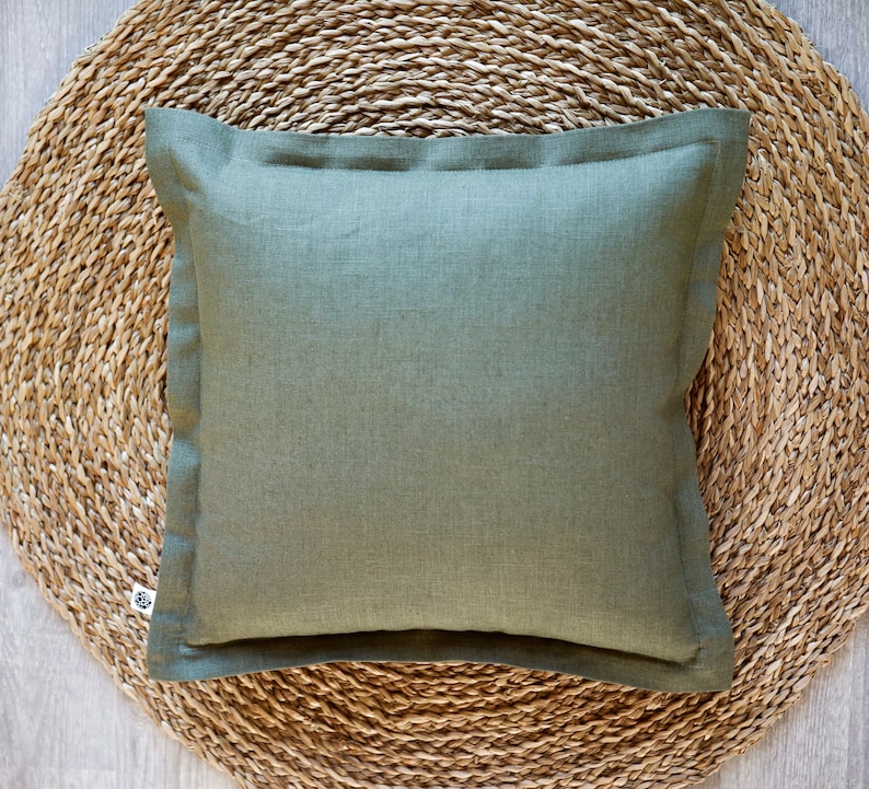 Green Pillow Cover Green Linen Throw Pillow Case Flanged Etsy