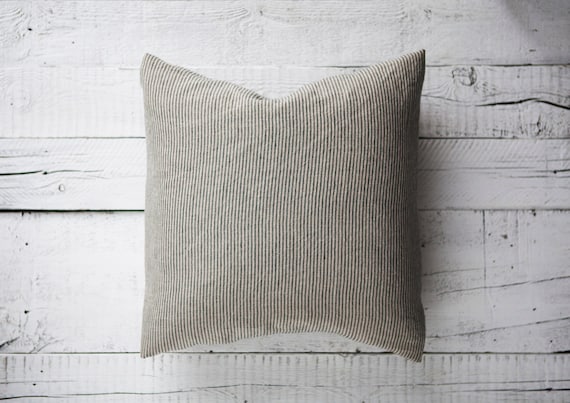 Ticking stripe pillow cover, Farmhouse linen pillow cover, linen pillowcase, custom size pillow cover- HANDMADE