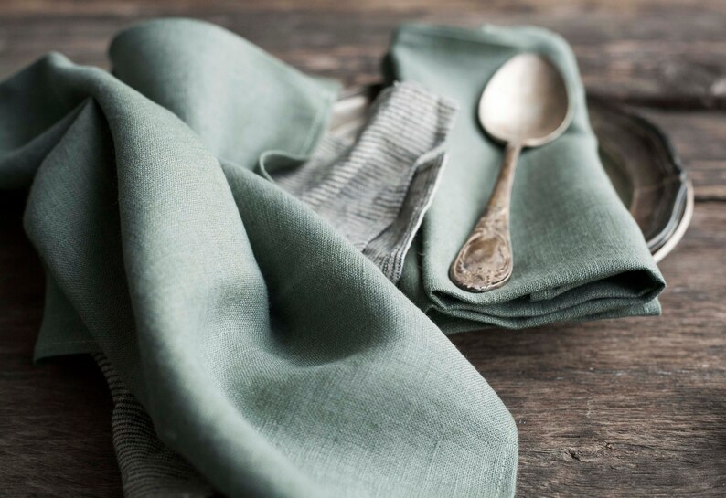 Stonewashed Green Linen Napkins Softened Cloth Napkins Bulk Etsy