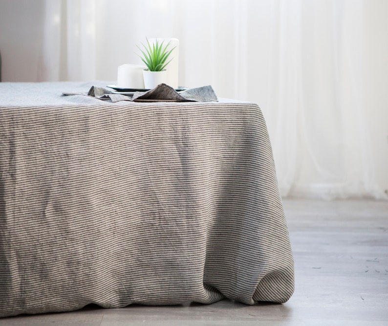 Ticking stripe tablecloth, Natural farmhouse style tablecloth, Linen long tablecloth, softened linen table cloth, rustic linen tablecloth image 1
