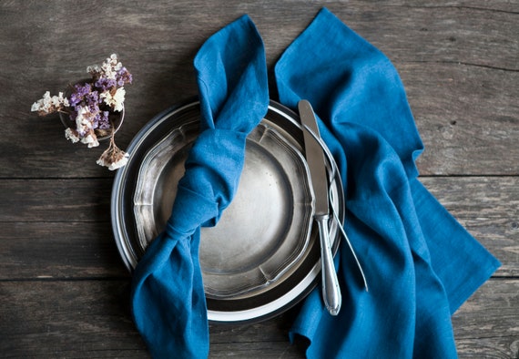 Teal Blue Linen Napkin Set of 8 , Cloth Linen Napkins for Table