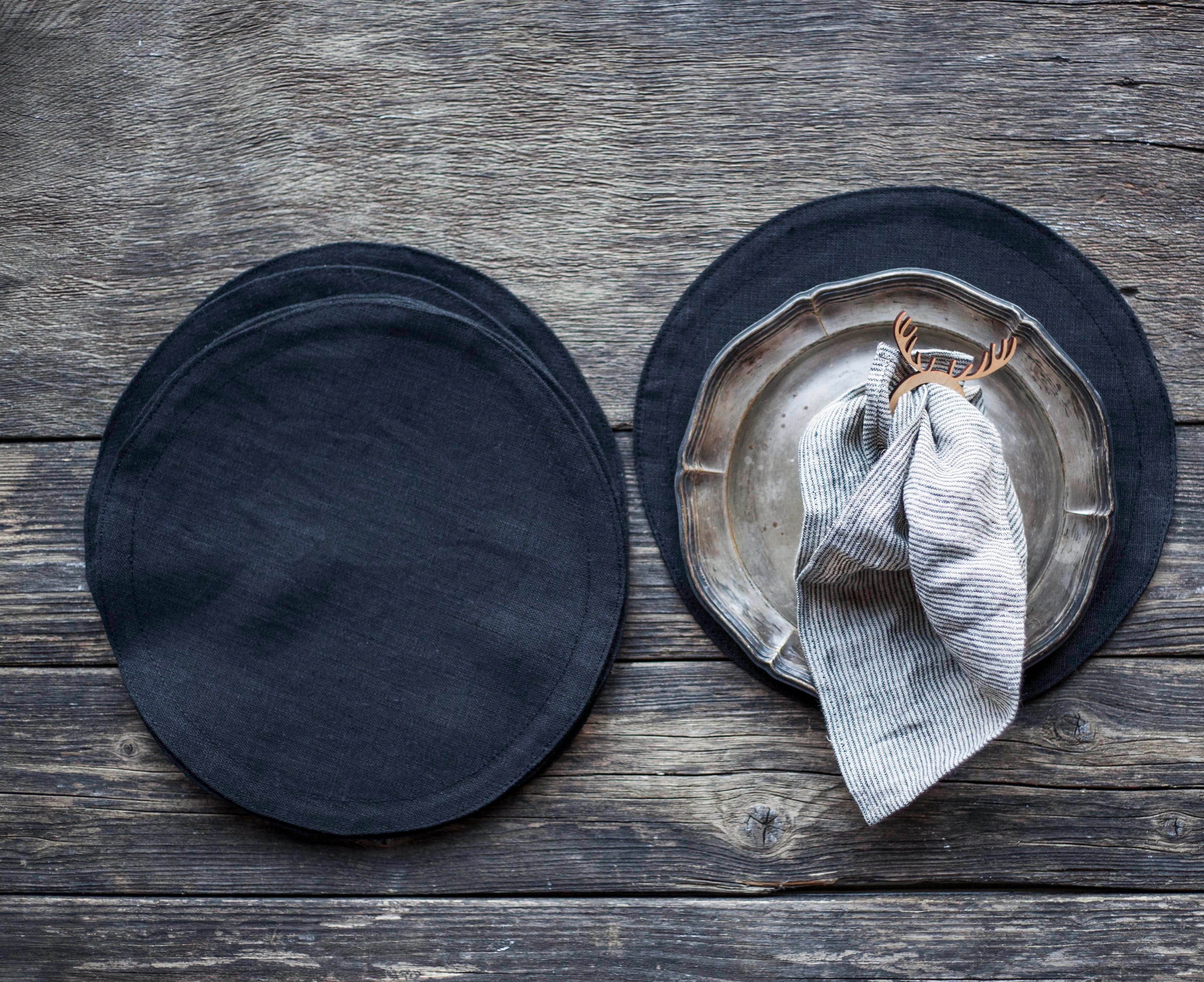 Round placemats black linen placemat set cloth round Etsy