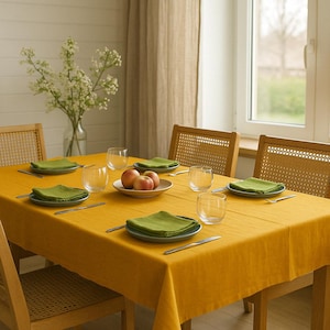 Cottagecore Yellow Linen Tablecloth – Mustard Linen Table Cover, Rustic Farmhouse Table Linen, 100% Pure Linen, Custom Size Marigold Decor