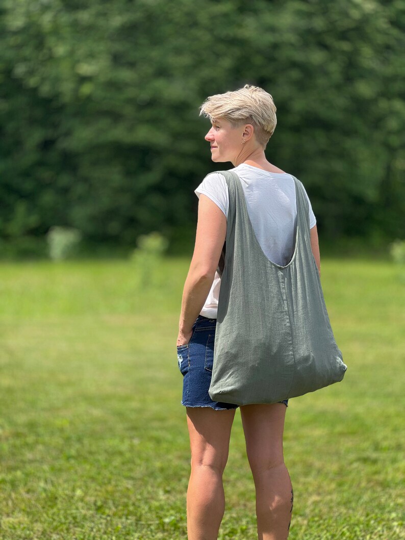 Sage Green Linen Tote Bag Eco Friendly Carryall Tote Sustainable Shopping, Everyday Tote, Market Bag Handmade, Durable, Spacious image 3