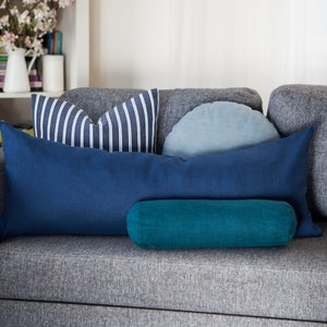 Long blue lumbar pillow cover linen lumbar sewn in custom lumbar size new home gift idea image 5