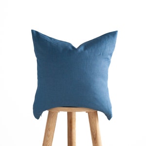 Blue Linen Pillow Cover with Hidden Zipper Decorative Square Pillowcase Handmade Ticking Lines Design image 3