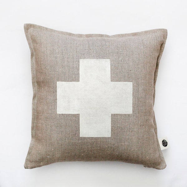 Swiss cross pillow cover, hand-painted on pure heavy weight linen, with hidden zipper closure - HANDMADE