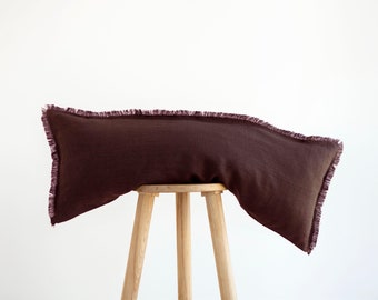 Brown Long lumbar pillow, brown lumbar PILLOW COVER, lumbar throw pillow cover, brown fringed lumbar pillowcase