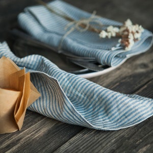 Blue Ticking linen napkins, softened linen napkins, cloth napkins, reusable linen napkins, 18x18 inch size napkins, NATURAL/BLUE image 4