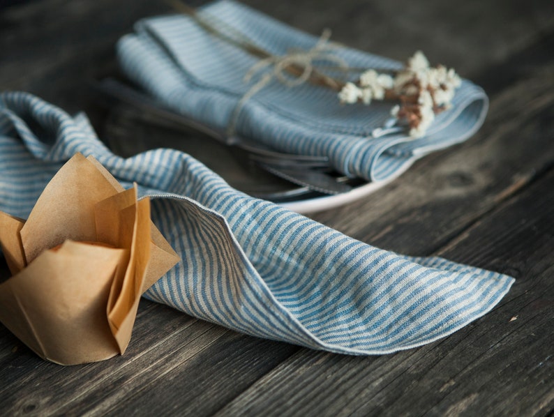 Blue Ticking linen napkins, softened linen napkins, cloth napkins, reusable linen napkins, 18x18 inch size napkins, NATURAL/BLUE image 4