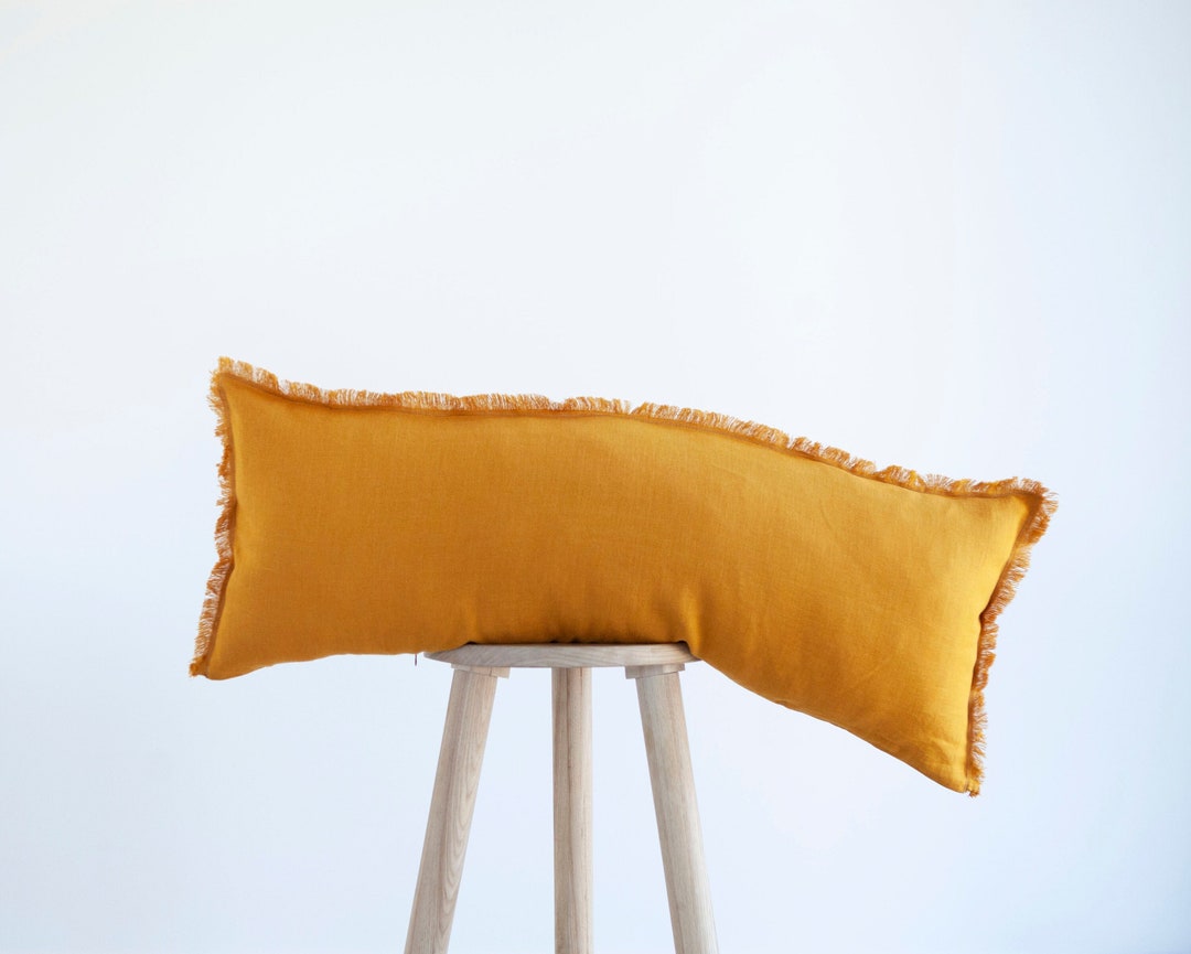 Marigold Yellow Lumbar Pillow Cover, Fringed Yellow Lumbar, Long Lumbar