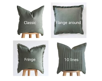 Sage green PILLOW COVER 20x20, linen pillowcase, 4 different styles, green sofa and room decor detail.