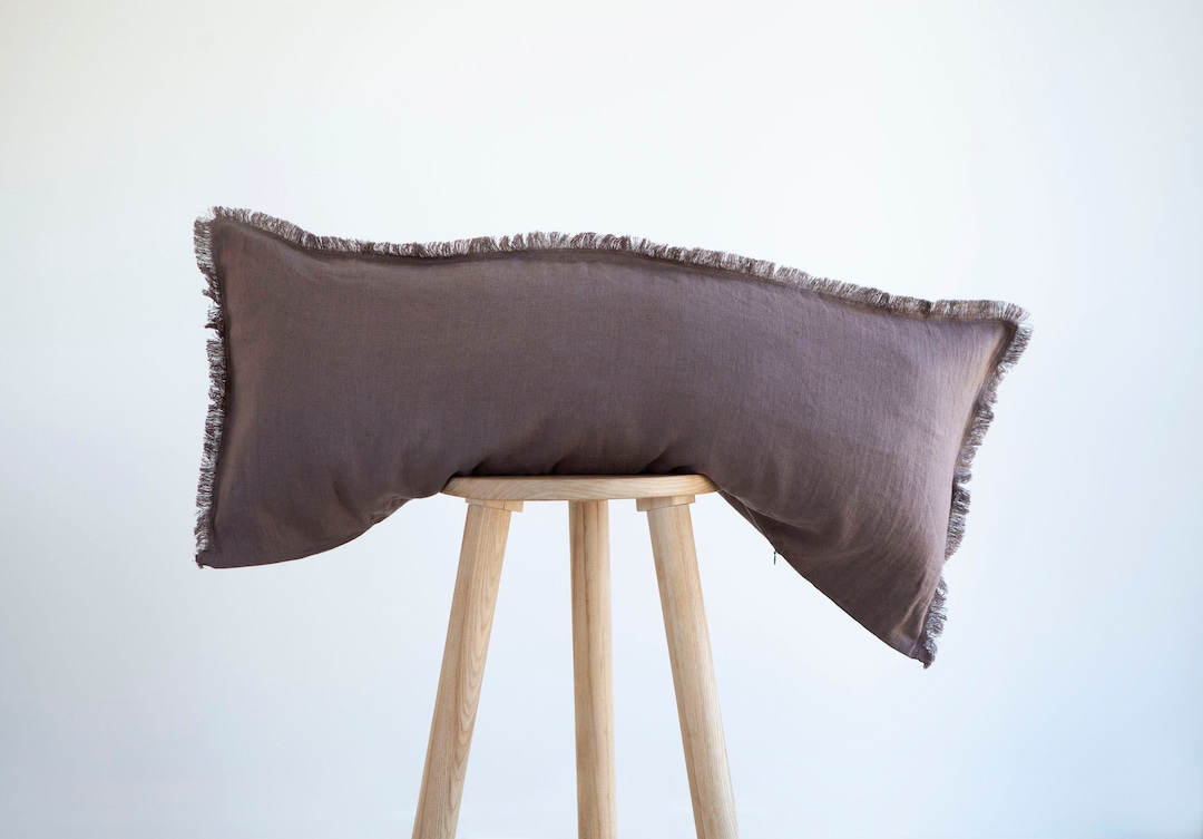 Taupe Lumbar Pillow COVER, Taupe Long Lumbar Cover, Fringe Edge Pillow