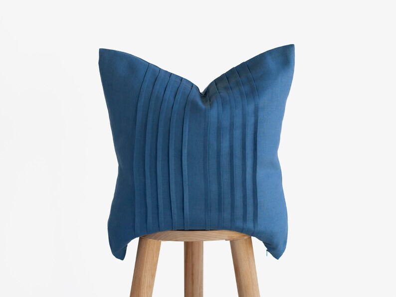 Blue Linen Pillow Cover with Hidden Zipper Decorative Square Pillowcase Handmade Ticking Lines Design image 6