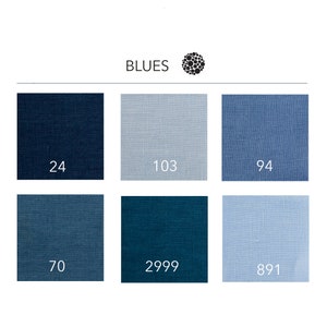 May include: A color chart showing different shades of blue. The chart is labeled "BLUES" and each color swatch has a number underneath it. The numbers are: 24, 103, 94, 70, 2999, and 891.