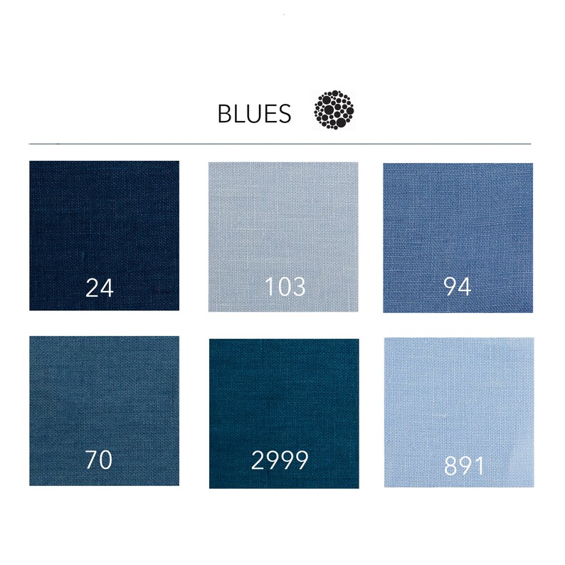 May include: A color chart showing different shades of blue. The chart is labeled "BLUES" and each color swatch has a number underneath it. The numbers are: 24, 103, 94, 70, 2999, and 891.