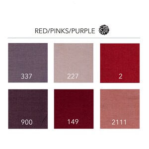 May include: Six fabric swatches in various shades of red, pink, and purple. The swatches are labeled with numbers: 337, 227, 2, 900, 149, and 211.