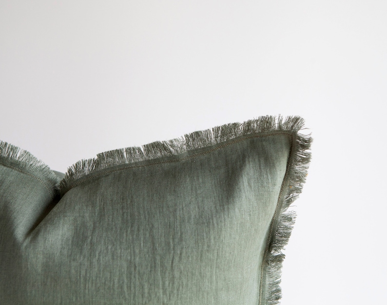 Green Fringe PILLOW COVER Linen Pillowcase Sage Green Raw Etsy