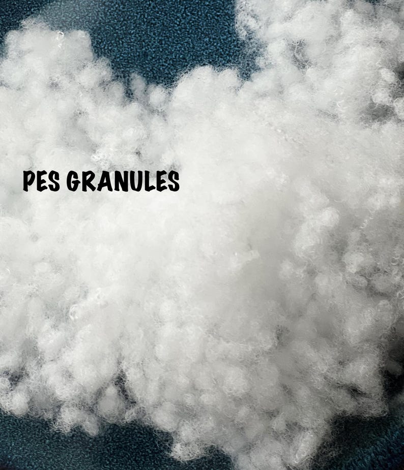 May include: White polyester fiberfill granules, also known as PES granules, are a soft and fluffy material used for stuffing pillows, cushions, and other home decor items.