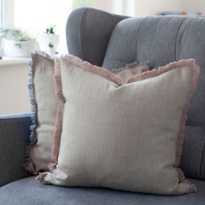 20x20 linen throw pillow cover, fringed linen throw pillow, two tone decorative pillow, pillow for bedding decor image 9