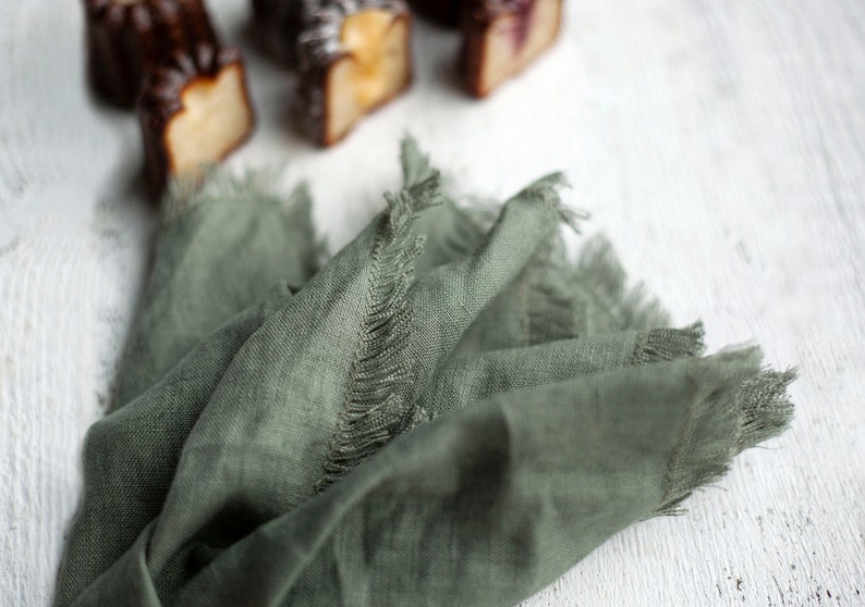 Napkins cloth linen, sage green fringed napkins, cloth napkins bulk, frayed edge linen napkins, stonewashed linen napkins image 3