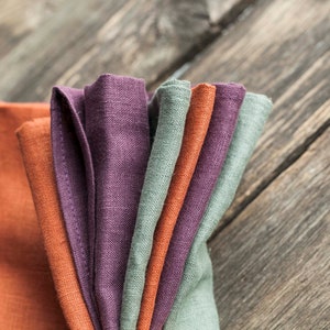 Multi color set of napkins, Cloth linen napkin set of burnt orange green and violet, classic size 18x18 inch image 6