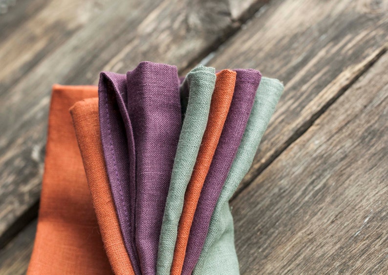 Multi color set of napkins, Cloth linen napkin set of burnt orange green and violet, classic size 18x18 inch image 6