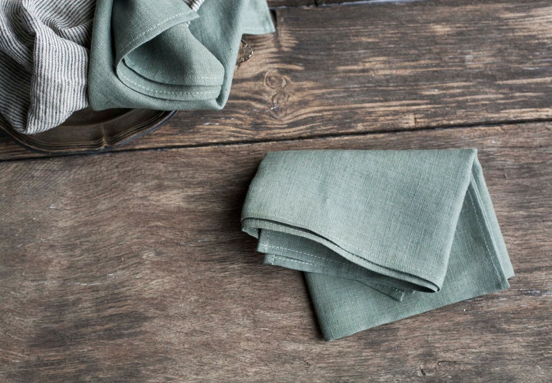 Stonewashed Green Linen Napkins Softened Cloth Napkins Bulk Etsy
