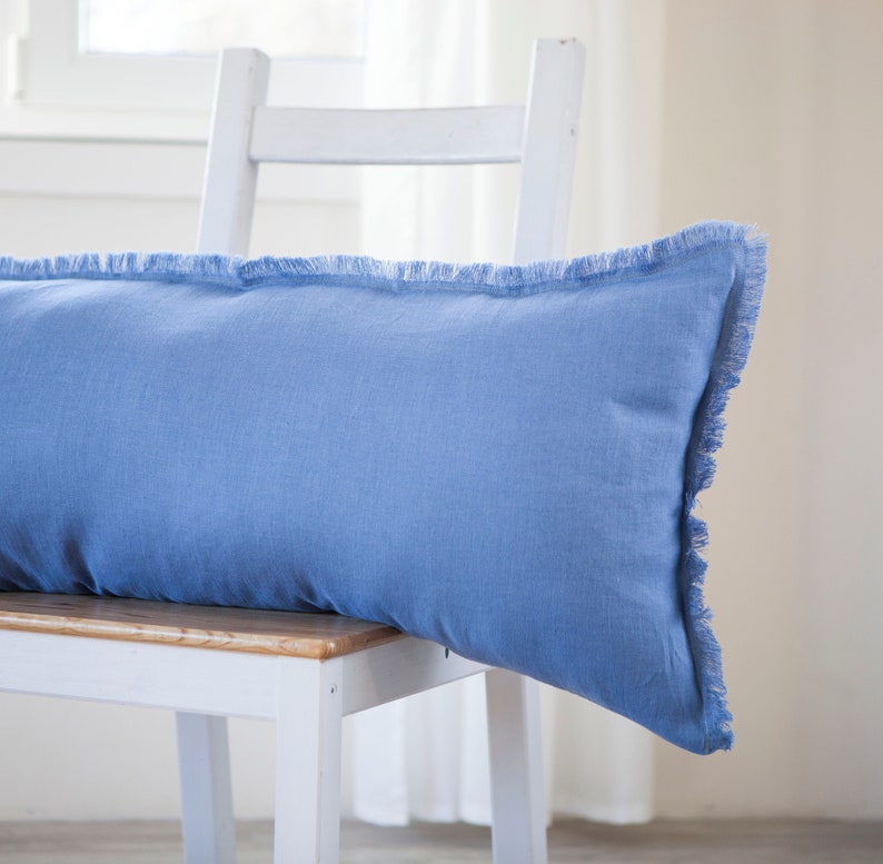 Long blue lumbar pillow cover Blue linen pillowcase fringed Etsy