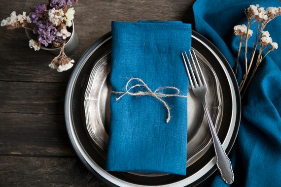 Patina blue washed linen napkin set of 8 , Cloth linen napkins for table serving decor