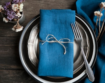 Dark Blue linen cloth napkins, softened pure linen napkins for table decor