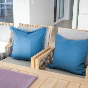 Blue Linen Pillow Cover with Hidden Zipper Decorative Square Pillowcase Handmade Ticking Lines Design image 9