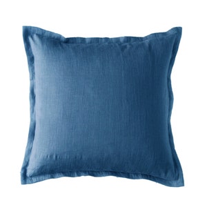 Blue Linen Pillow Cover with Hidden Zipper Decorative Square Pillowcase Handmade Ticking Lines Design image 4