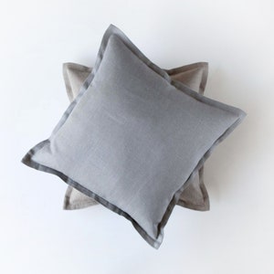 Grey and natural Linen throw pillow set of 2, natural linen custom size pillow covers in oxford style 20x20, 22x22, 24x24 image 2