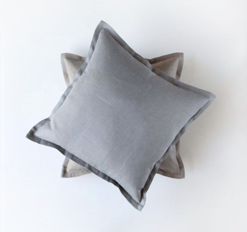 Grey and natural Linen throw pillow set of 2, natural linen custom size pillow covers in oxford style 20x20, 22x22, 24x24 image 2