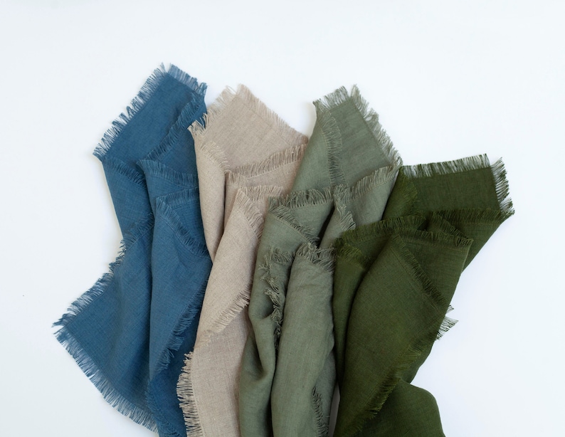 Napkins cloth linen, sage green fringed napkins, cloth napkins bulk, frayed edge linen napkins, stonewashed linen napkins image 5