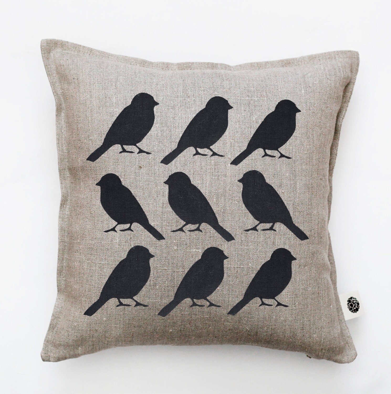 Black bird throw pillow hand painted print on natural linen