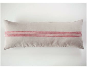 Linen Lumbar Pillow Cover: French Farmhouse Style with Red Stripes
