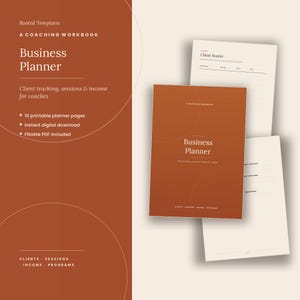 Op de afbeelding: Een digitale businessplanner voor coaches met een roestkleurige omslag en witte tekst met Rooted Templates, A Coaching Workbook, Business Planner en Client tracking, sessions & income for coaches, inclusief pagina's voor het interieur.